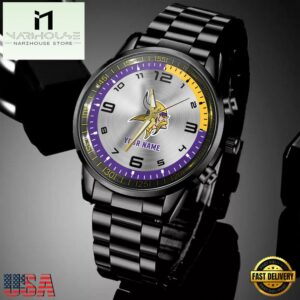 Custom Name Minnesota Vikings NFL Black Stainless Steel Watch Gifts For Fans