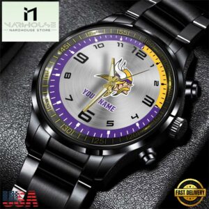Custom Name Minnesota Vikings NFL Black Stainless Steel Watch Gifts For Fans