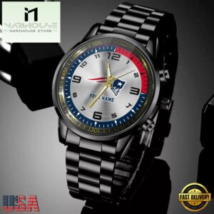 Custom Name New England Patriots NFL Black Stainless Steel Watch Gifts For Fans