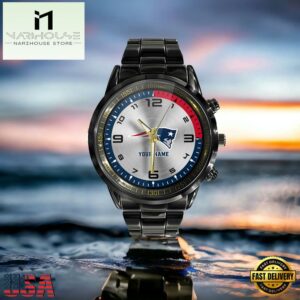 NFL Custom Name New England Patriots Black Stainless Steel Watch Gifts For Fans 6 Custom Name New England Patriots NFL Black Stainless Steel Watch Gifts For Fans