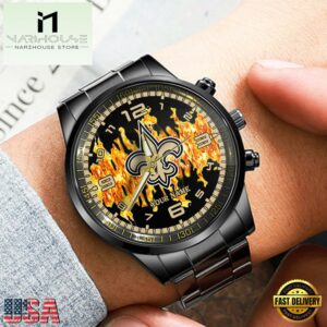 Custom Name New Orleans Saints NFL 3D Men Black Stainless Steel Watch Gift For Fans