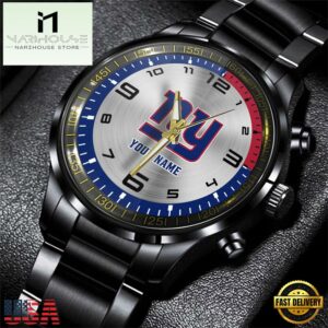 Custom Name New York Giants NFL Black Stainless Steel Watch Gifts For Fans