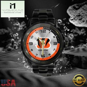 Custom Name NFL Cincinnati Bengals Black Stainless Steel Watch Gifts For Fans