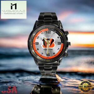 Custom Name NFL Cincinnati Bengals Black Stainless Steel Watch Gifts For Fans