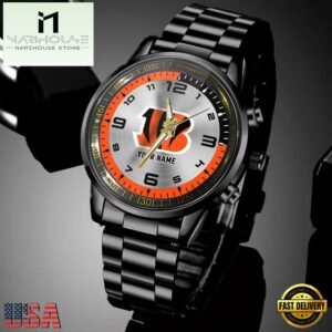 Custom Name NFL Cincinnati Bengals Black Stainless Steel Watch Gifts For Fans