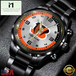 Custom Name NFL Cincinnati Bengals Black Stainless Steel Watch Gifts For Fans