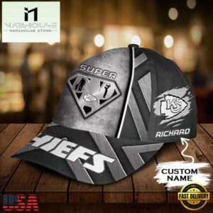 Custom Name NFL Kansas City Chiefs Superman Dad Logo All Over Print - Grey 3D Classic Cap