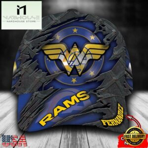 Custom Name NFL Los Angeles Rams Wonder Woman Logo All Over Print - Blue 3D Classic Cap