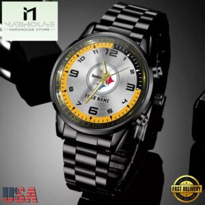 Custom Name NFL Pittsburgh Steelers Black Stainless Steel Watch Gift For Fans