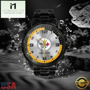 Custom Name NFL Pittsburgh Steelers Black Stainless Steel Watch Gift For Fans