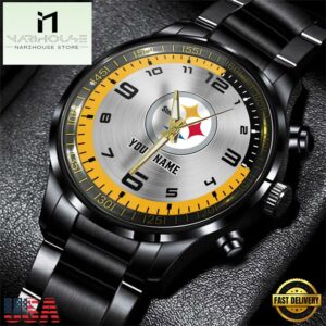 Custom Name NFL Pittsburgh Steelers Black Stainless Steel Watch Gift For Fans