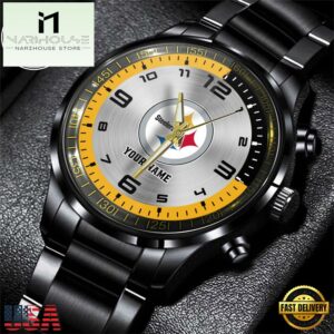 Custom Name NFL Pittsburgh Steelers Black Stainless Steel Watch Gifts For Fans
