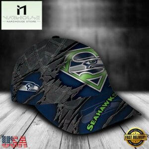 Custom Name NFL Seattle Seahawks Superman Logo All Over Print - Navy 3D Classic Cap