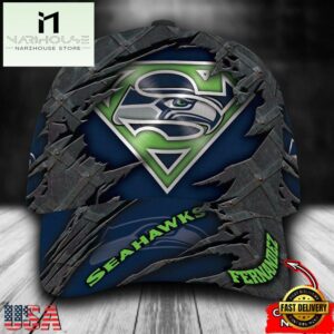 Custom Name NFL Seattle Seahawks Superman Logo All Over Print - Navy 3D Classic Cap