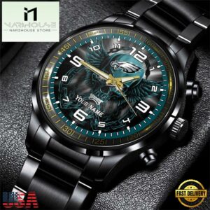 Custom Name Philadelphia Eagles NFL 3D Men Black Stainless Steel Watch Gift For Fans