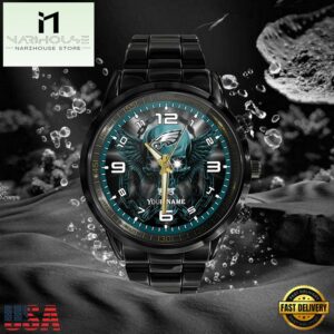 Custom Name Philadelphia Eagles NFL 3D Men Black Stainless Steel Watch Gift For Fans