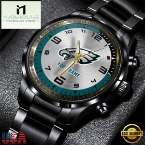 Custom Name Philadelphia Eagles NFL Black Stainless Steel Watch Gifts For Fans
