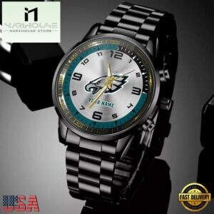 Custom Name Philadelphia Eagles NFL Black Stainless Steel Watch Gifts For Fans