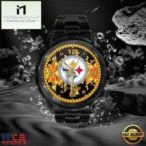 Custom Name Pittsburgh Steelers NFL 3D Men Black Stainless Steel Watch Gift For Fans