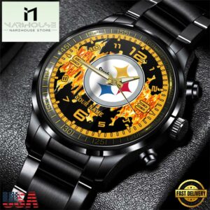 Custom Name Pittsburgh Steelers NFL 3D Men Black Stainless Steel Watch Gift For Fans