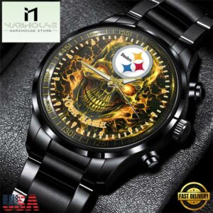 Custom Name Pittsburgh Steelers NFL Men Black Stainless Steel Watch Gift For Fans
