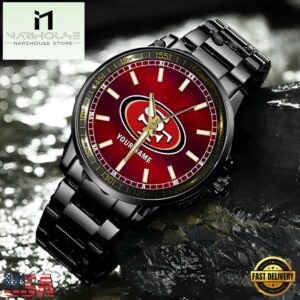 Custom Name San Francisco 49ers NFL Black Stainless Steel Watch Gifts For Fans