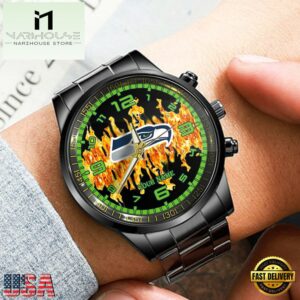 Custom Name Seattle Seahawks NFL 3D Men Black Stainless Steel Watch Gift For Fans