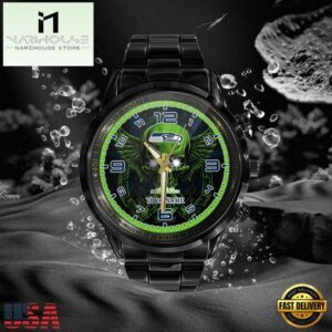 Custom Name Seattle Seahawks NFL 3D Men Black Stainless Steel Watch Gift For Fans
