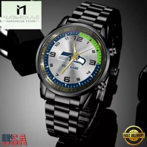 Custom Name Seattle Seahawks NFL Black Stainless Steel Watch Gifts For Fans