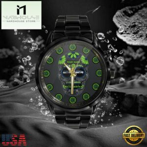 Custom Name Seattle Seahawks NFL Men Black Stainless Steel Watch Gift For Fans