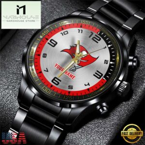 Custom Name Tampa Bay Buccaneers NFL Black Stainless Steel Watch Gifts For Fans