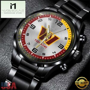 Custom Name Washington Commanders NFL Black Stainless Steel Watch Gifts For Fans