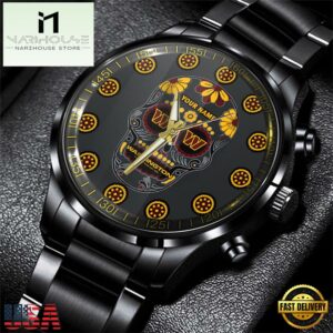 Custom Name Washington Commanders NFL Men Black Stainless Steel Watch Gift For Fans