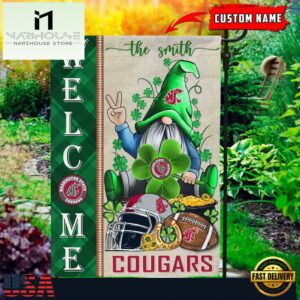 Custom Name Washington State Cougars Happy St. Patrick's Day Shamrock House And Garden Flag