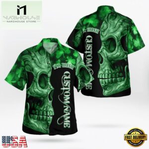 Irish St. Patrick Day Green Shamrocks Reflecting Light On Black Background 3D Hawaii Shirt