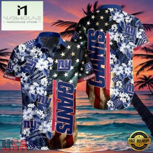 NFL New York Giants Hawaiian Shirt American Flag Flowers Design
