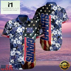 NFL New York Giants Hawaiian Shirt American Flag Flowers Design