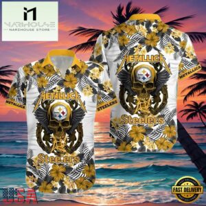 NFL Steelers Hawaiian Button Up Shirt Metallica Skull And Flower