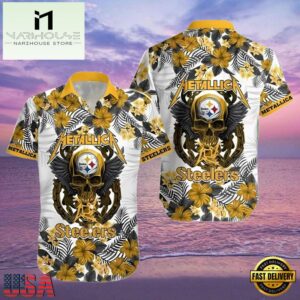 NFL Steelers Hawaiian Button Up Shirt Metallica Skull And Flower