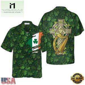 Saint Patrick'S Day Shamrock Celtic Cross Harp Irish Hawaiian Shirt