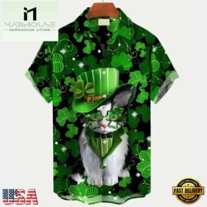 St. Patrick'S Day Cat Print Mens Hawaiian Shirt
