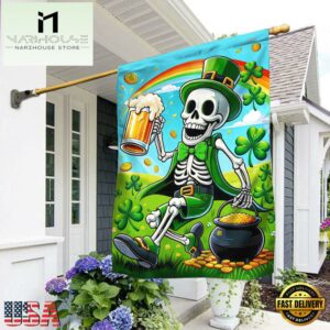 St Patrick's Day Funny Skeleton Beer Irish House And Garden Flag