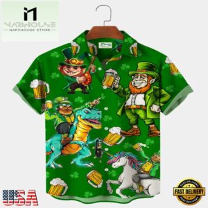 St. Patrick'S Day Green Shamrock Dinosaur Fun Print Hawaiian Shirt Plus Size Vacation Shirt