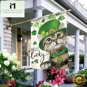 St. Patricks Day Hello Lucky Kitten Cat And Shamrock CloverHouse And Garden Flag Decor