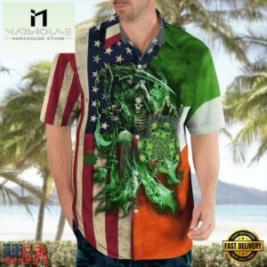 St. Patrick'S Day Irish Grim Reaper Irish Flag And American Flag Hawaii Shirt