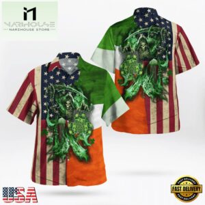 St. Patrick'S Day Irish Grim Reaper Irish Flag And American Flag Hawaii Shirt