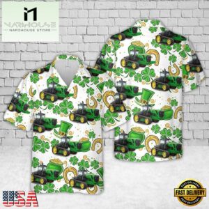 St Patrick'S Day John Deere Tracked Tractor Hawaiian Shirt
