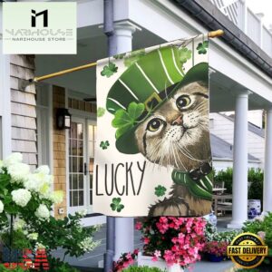St. Patricks Day Lucky Cat And Shamrock CloverHouse And Garden Flag Decor