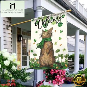 St. Patrick's Day Welcome Cat And Shamrock Clover House And Garden Flag Decor