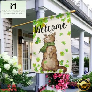 St. Patricks Day Welcome Cat And Shamrock Clover House And Garden Flag Decor